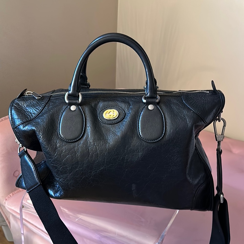 Gucci Black Soft Calfskin Large GG Duffle Bag Gold and Silver Hardware